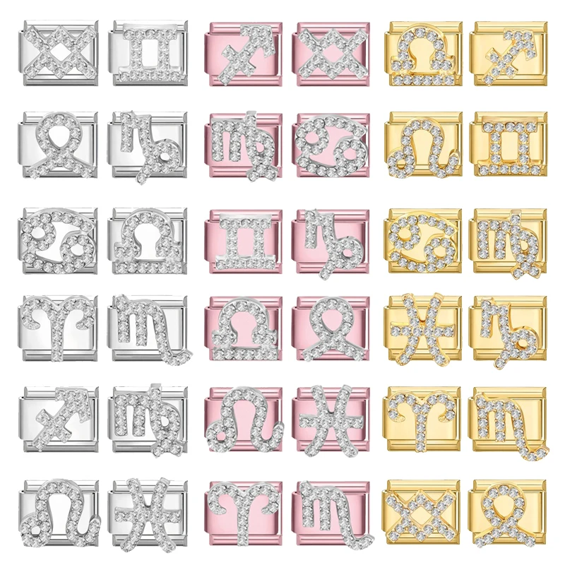 2026 Wholesale Shiny Zircon Series 12 Zodiac Constellation Charm Italian Links Fit 9mm Stainless Steel Bracelet DIY Making Gift
