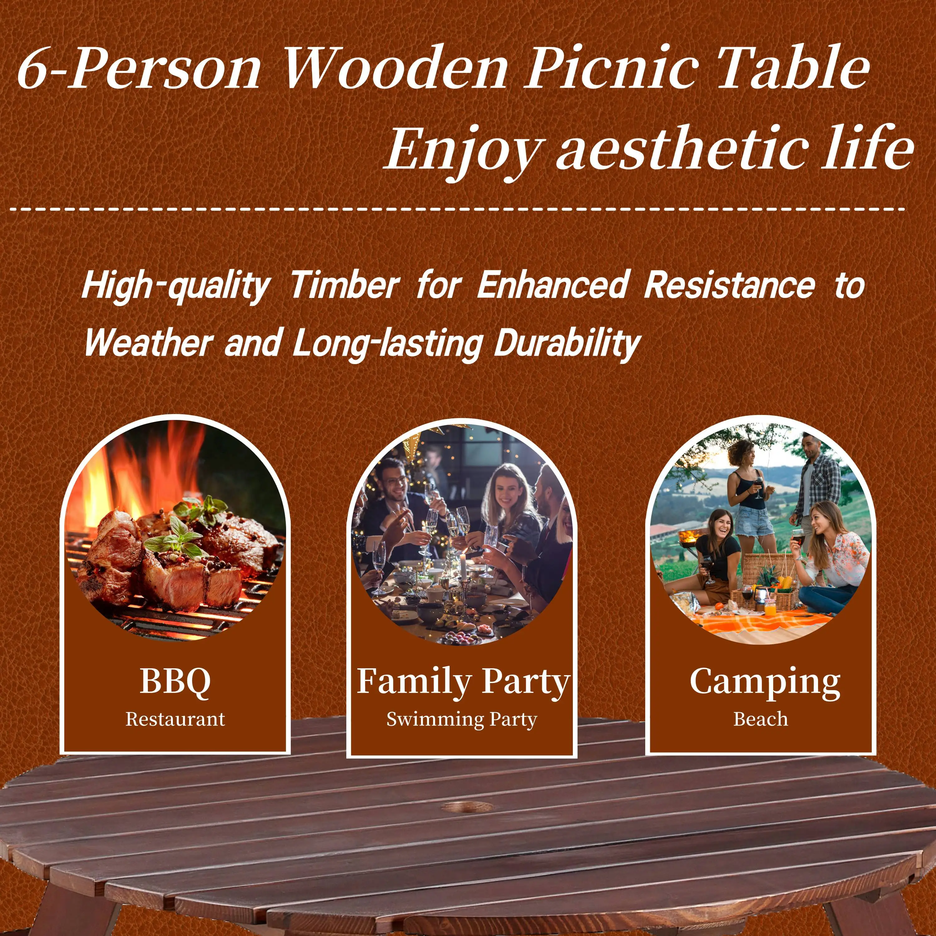 Outdoor 6 Person Picnic Table, 6 person Round Picnic Table with 3 Built-in Benches, Umbrella Hole, Outside Table and Bench Set f