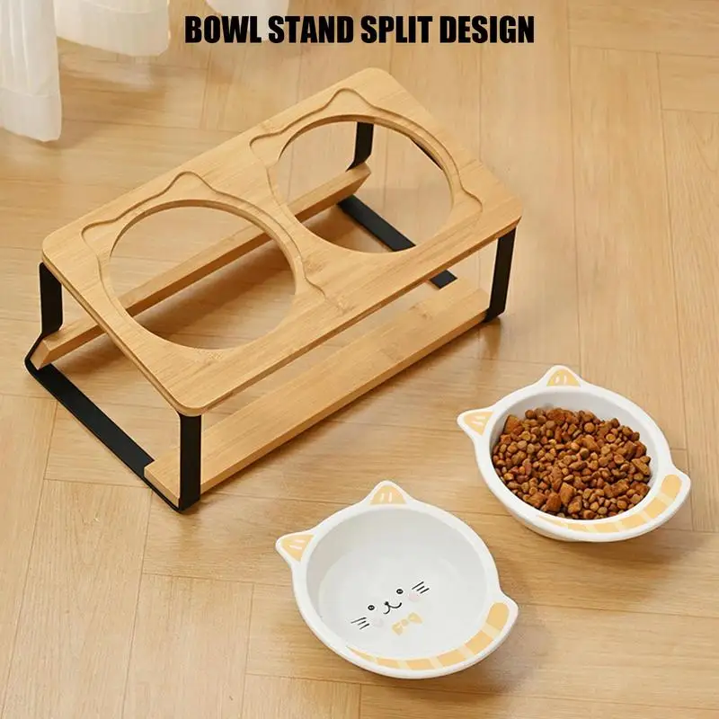 

Elevated Cat Bowl Raised Cat Bowls For Indoor Cats Double Tall Ceramic Dish Spill-Proof Non-Slip Wooden Base For Kitten Puppy
