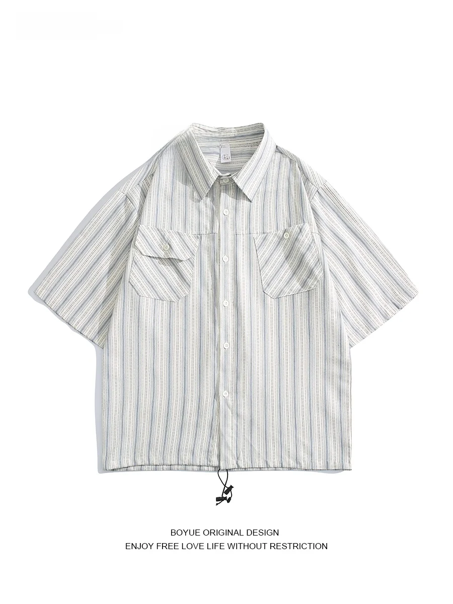 

Boyue Japanese Sle Youthful Men's Casual Striped ort Sve irt Dstring Hem Design Loose Fit Summer Faion