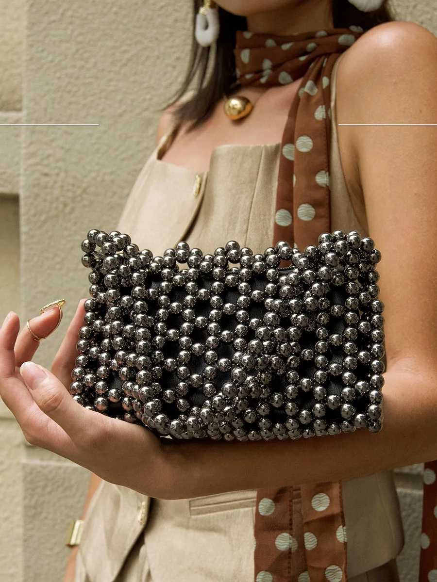 

UGALS Handcrafted Bucket Bag Underarm Clutch Handbag Retro High-End Design Small Batch Pearls Weaving British Style