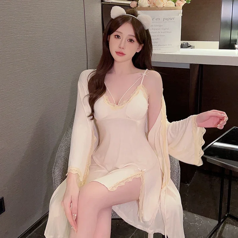 2023 Autumn 2PCS Sexy Lace Lingerie Modal Nightgowns Robes Sets for Women Sleepwear Suit Bathrobes Nightdress Night Dress Nighty