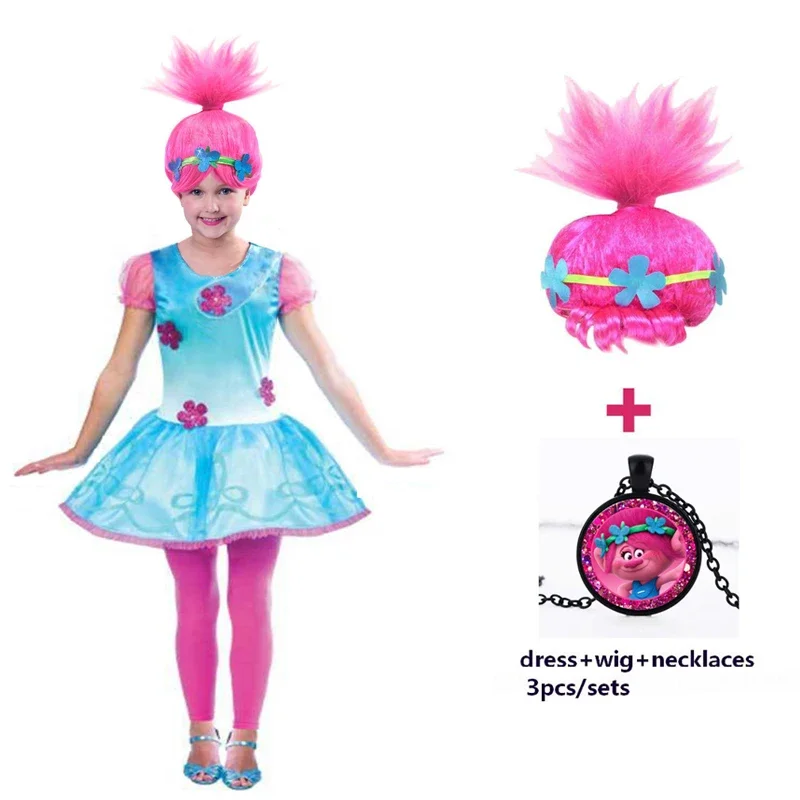 2024 girls dresses trolls poppy cosplay costume dress for girls streetwear Halloween clothes kids necklace wig fancy girl dress