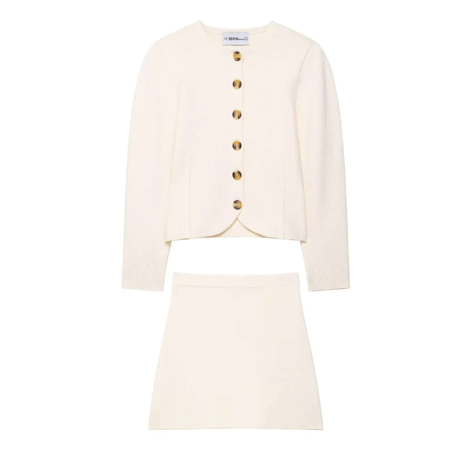 HH Zomer Vrouwen Elegante Single Breasted Lange Mouw O-hals Trui + Casual Gebreide Elastische Taille Effen Mini Rok Set Mujer