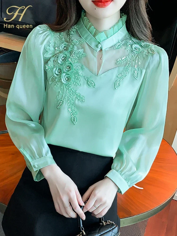 H Han Queen Elegant 2023 Autumn Shirt Embroidery Beads Chiffon Simple Office Blouse Loose Tops Long Sleeve Casual Blouses Women