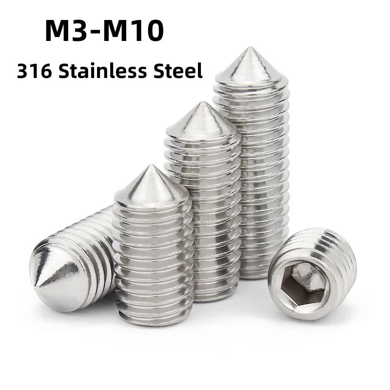 316 Stainless Steel Internal Hex Socket Drive Cone Point Set Screws M3 M4 M5 M6 M8 M10 Taper Tip End Grub Bolts
