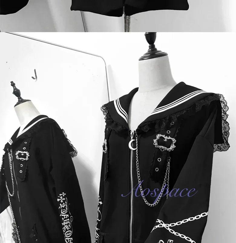 Subculture Printed Long Sleeve Navy Sailor Jacket Women Original Gothic Printed Splicing Color Loose Mid-length Balck Jacket