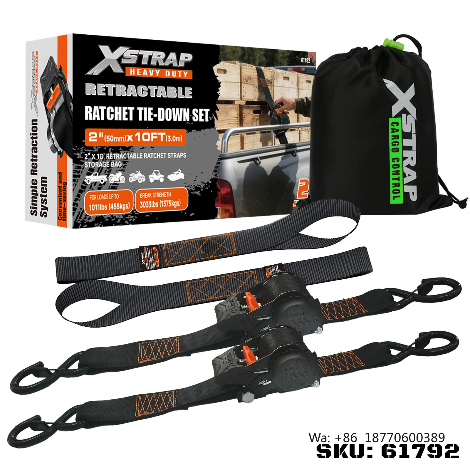 Customized Heavy Duty 2 Inch Self Retracting Retractable Ratchet Tie Down Straps with Safety S Hooks Bulk Package