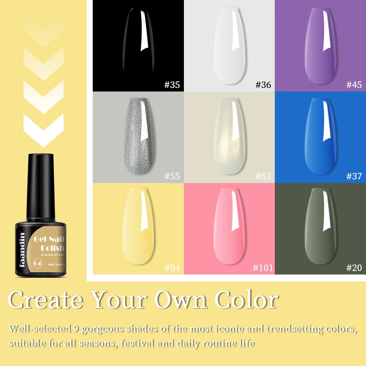 Faandin 0.24oz Single Pack, Solid Color Gel Nail Polish, Selected Dazzling Color Series, Black, White Nail Polish Gel, Uv Lamp Quick-Drying, Alcohol-Free, Full Color, Not Easy to Fade, Can Be Used at Home, Essential Item for Fashionable Ladies, Dating, and Socializing, Nail Polish Gel for Nail Salons