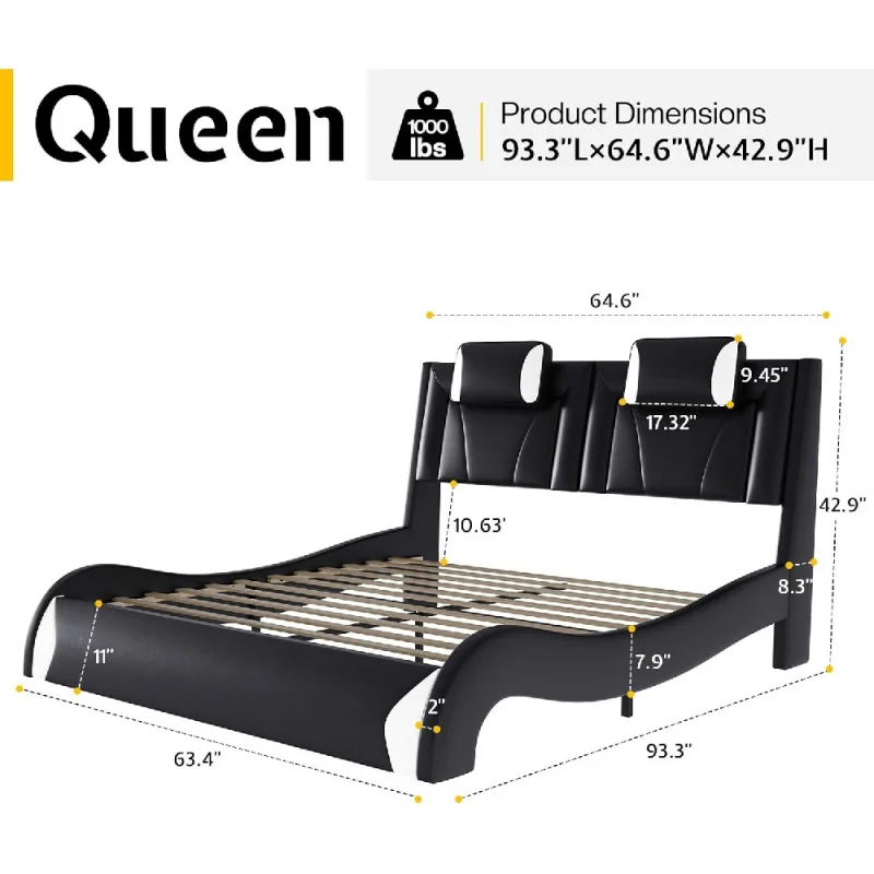 LED Queen Bed Frame, Modern Faux Leather Upholstered Platform Beds, Wave Like Curve Design No Box Spring Needed