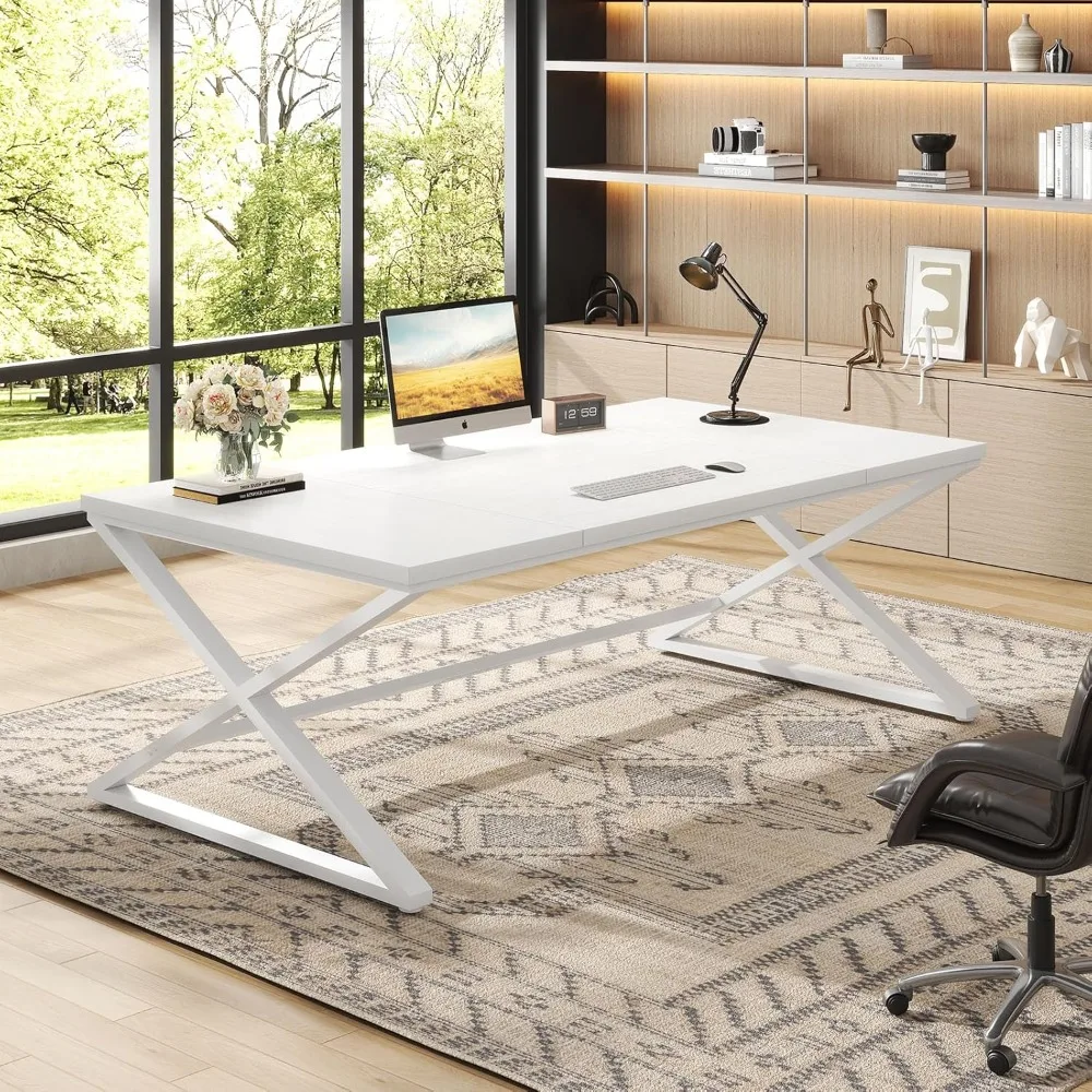 مكتب كمبيوتر أبيض كبير حديث للمكتب المنزلي، تصميم خشبي ومعادن، مناسب لإعدادات الشاشات المزدوجة #3