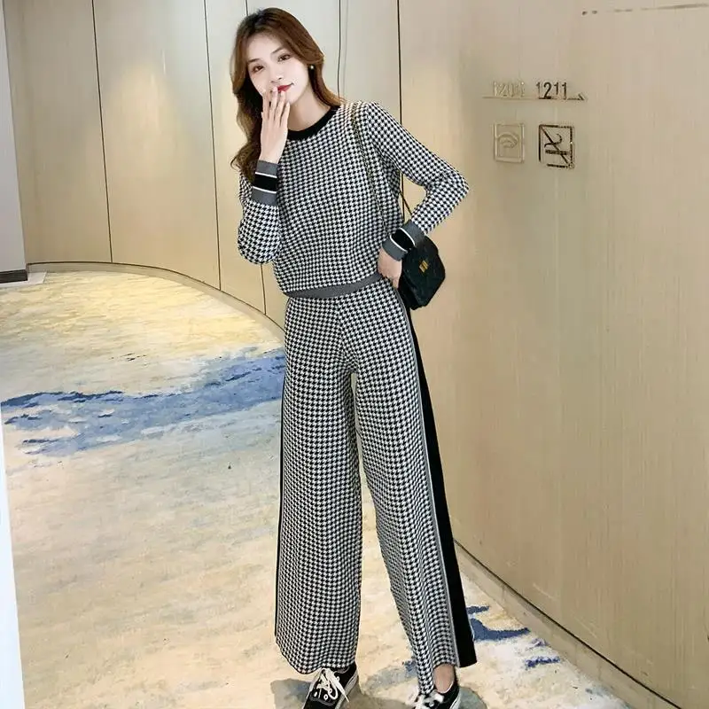 

New Elegant Women's Sets Knitted Sweater and Wide Leg Pant Suit Loose Casual Printing Two Piece Set for Women 2 Pieces T16