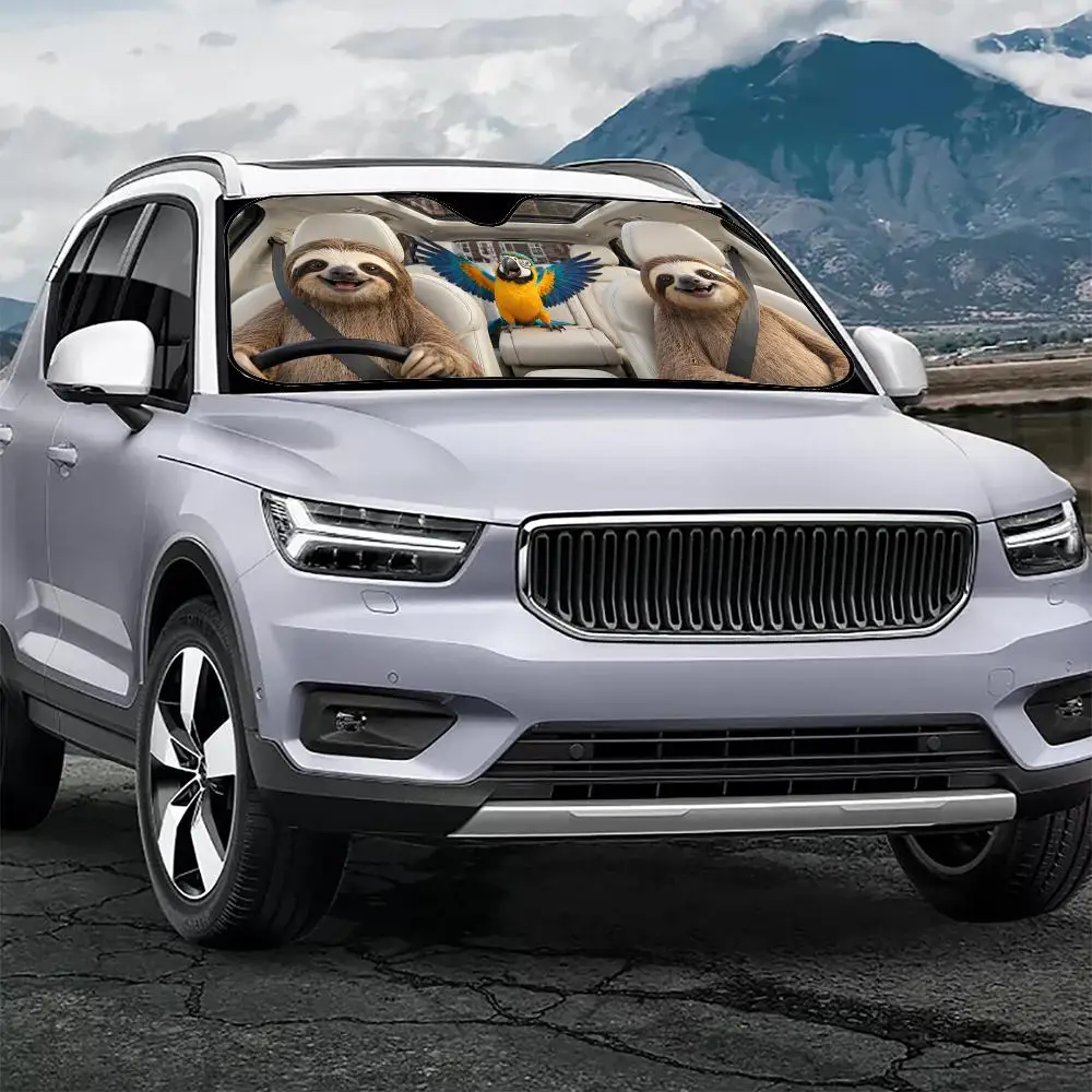 Funny Sloth and Parrot Sun Visor Car Windshield Sunshade UV Protection Reflective Foldable Heat Insulation Cover