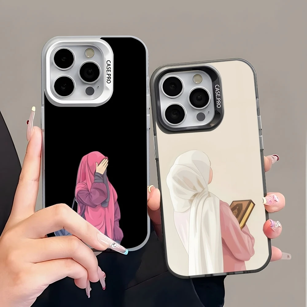 Muslim Islamic Arabic Hijab Face Gril Eyes Koran Phone Case Colored Silver Trendy Phone Case For IPhone 16 15 14 13 12 Pro Max 1