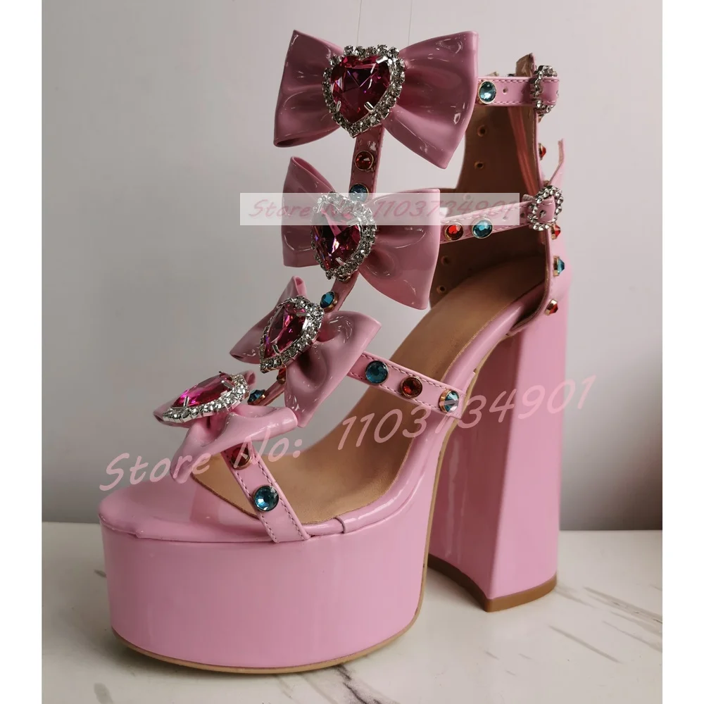 Kristalroze Strik-Knoop Mooie Plateausandalen Dames Met Ritssluiting Hoge Hakken Enkelbandschoenen Rond Neus Party Sweet Lolita Sandalen