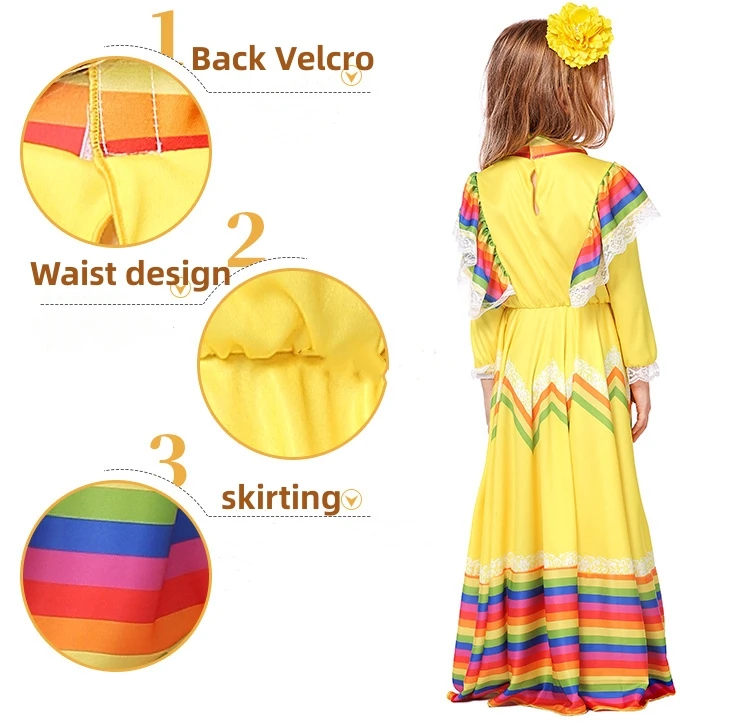 IOOTIANY Traditionelles mexikanisches Volkstanzkostüm für Kinder, Cosplay im mexikanischen Stil, langes Bühnenkostüm 2026 – Detail 5