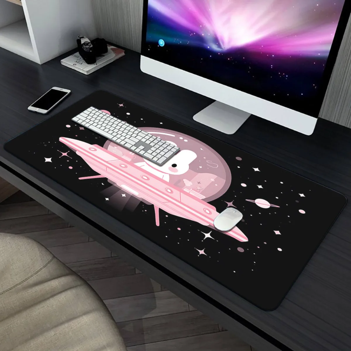 Cute Rabbit in Pink UFO Space Theme XXL Gaming Mouse Pad Non-Slip Rubber Desk Mat for Computer PC Laptop Office