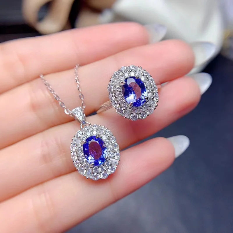 

925 Silver Inlaid Natural Tanzanite Set 6X8Mm