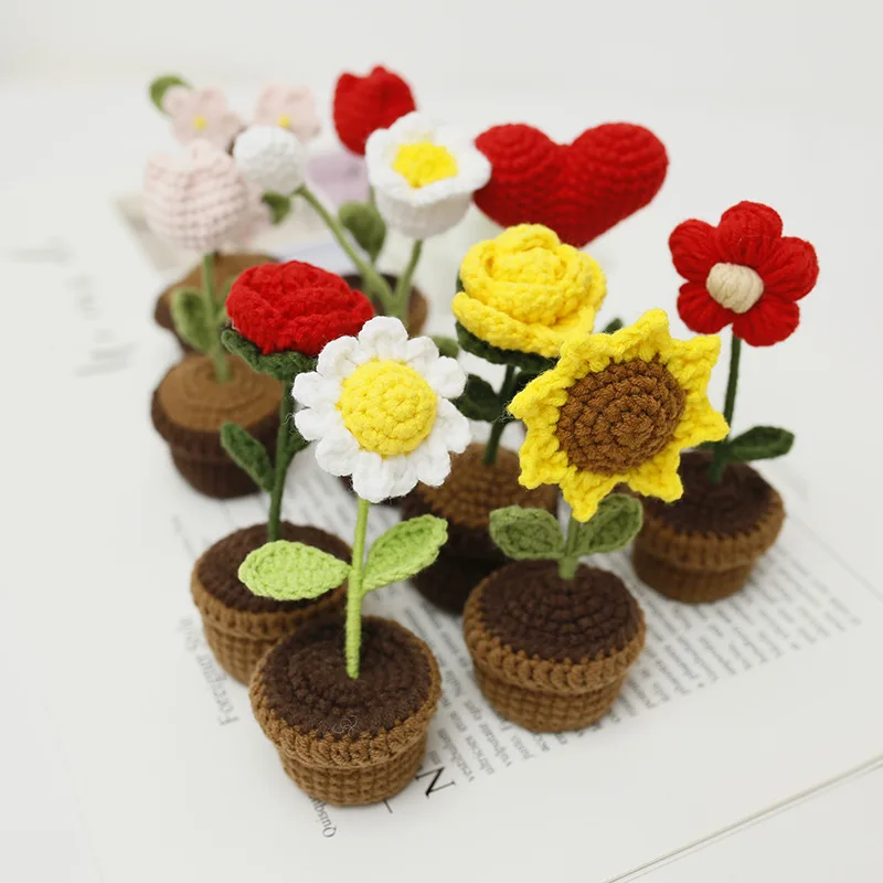 

Hand-woven Artificial Flower Potted Decoration Chenille Stem Wool Crochet for Automatic knitting hooks Flower Bouquet Fake plant