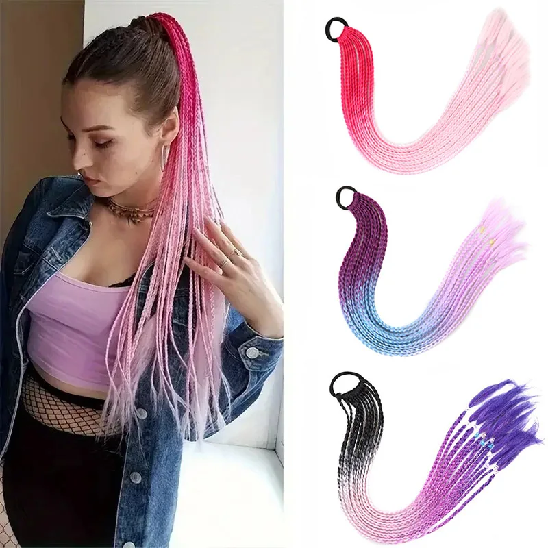 

24-дюймовый длинный прямой плетеный хвост в коробке с эластичной резинкой для наращивания волос Радужный цвет в коробке Шиньон