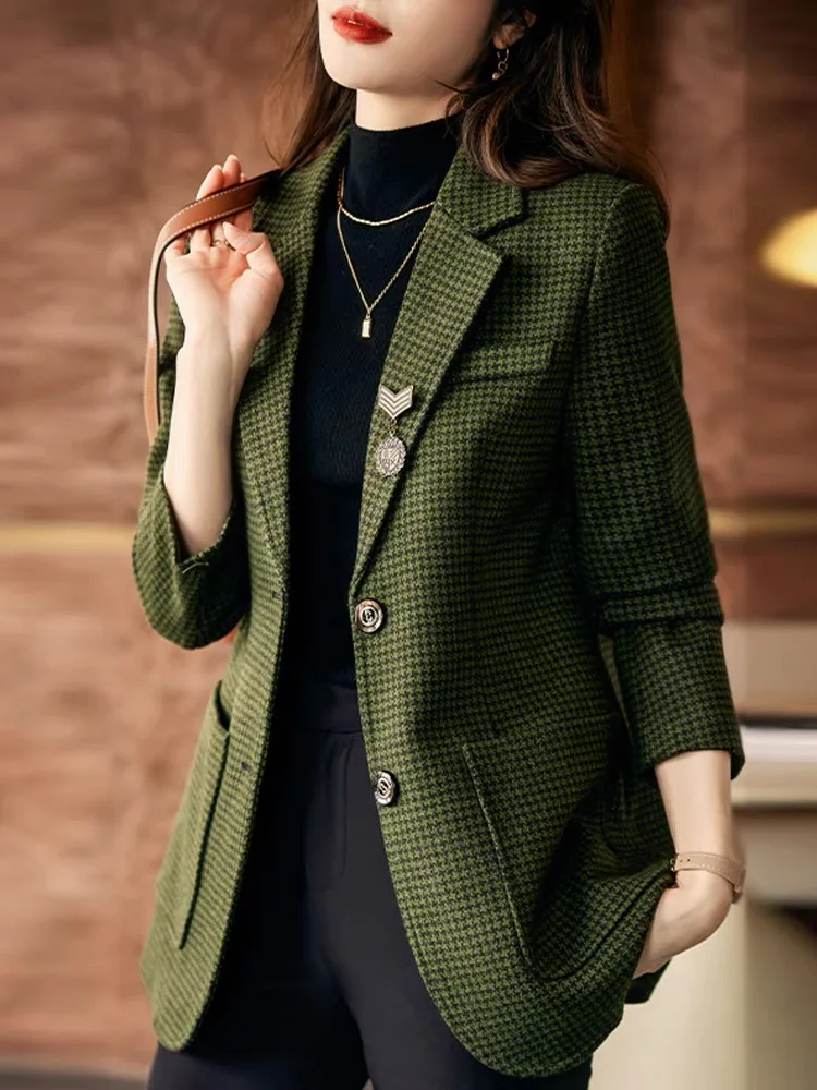 

High-End Elegant Houndstooth Blazer for Women, 2022 Early Autumn New Vintage Suit Jacket Female Office Lady Top High Quality