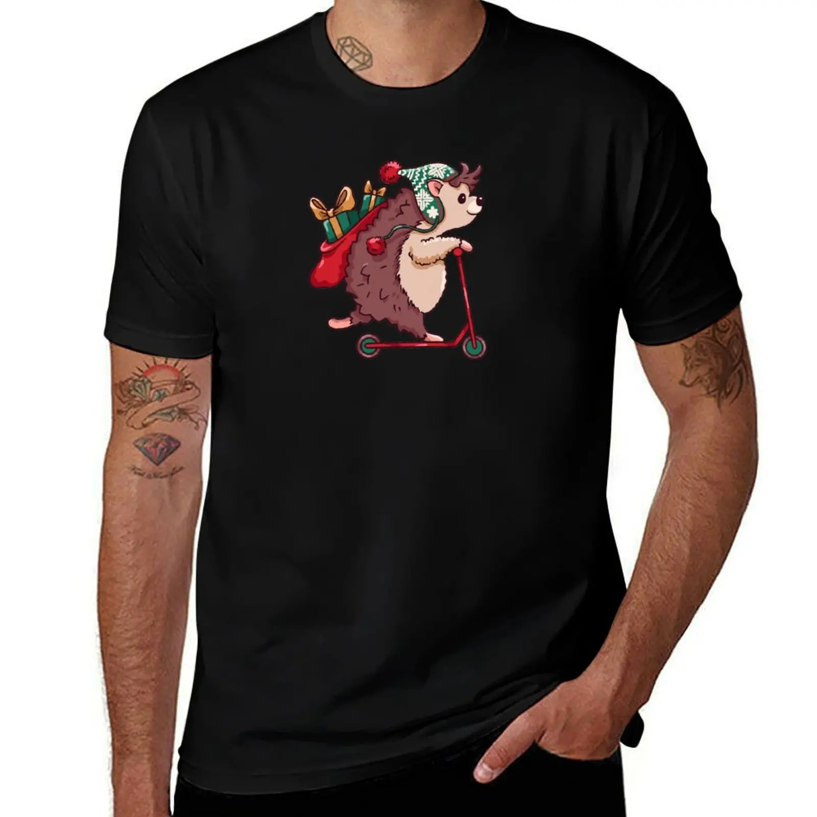 Cute Cartoon Christmas Hedgehog on Scooter T-Shirt Summer Fashion Casual Tee Shirt