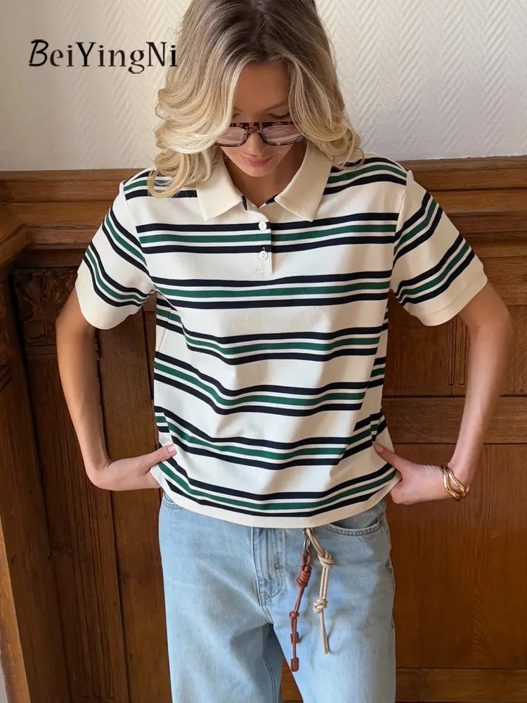 

Beiyingni Vintage Casual Women's T-shirt Striped Streetwear Short Sleeve Tops Female Spell Color Harajuku Loose Classic Tshirts