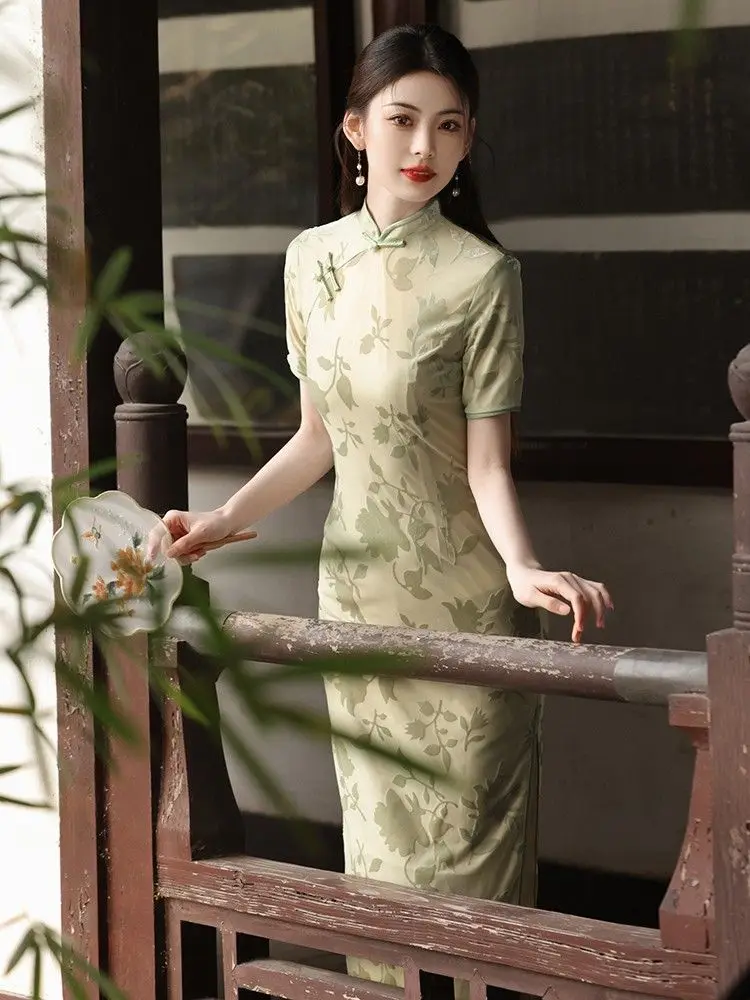 Migliorato Cheongsam Vestito Qipao 2024 Nuova Giovane Ragazza Arancione Estate Quotidiano Indossabile Abito Lungo Cinese Estate Abbigliamento Donna