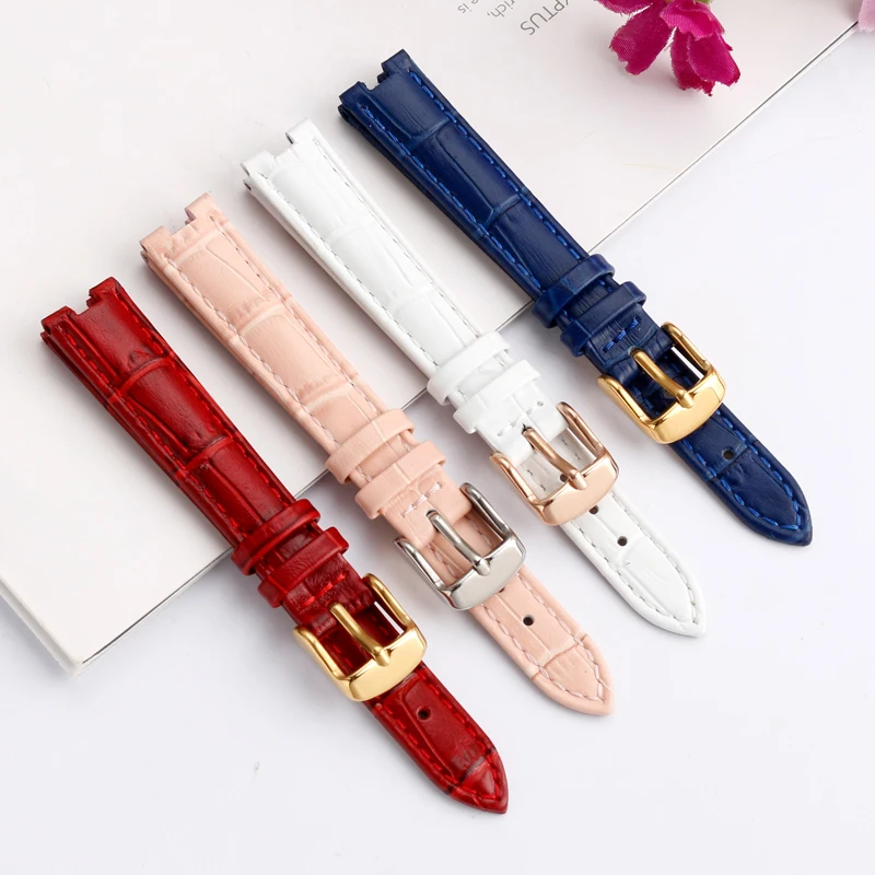 12 14mm cowhide notch leather women watch strap chain accessories black white pink watchband For GC YA141401 YA141505 series