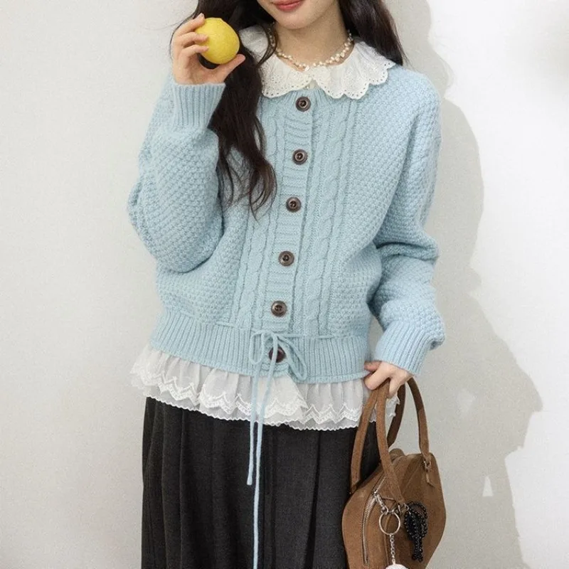 Hem Lace Twist Crew Neck Sweater Women's 2026 Autumn and Winter Drawstring Waist Soft Waxy Warm Knitted Cardigan Jacket 3