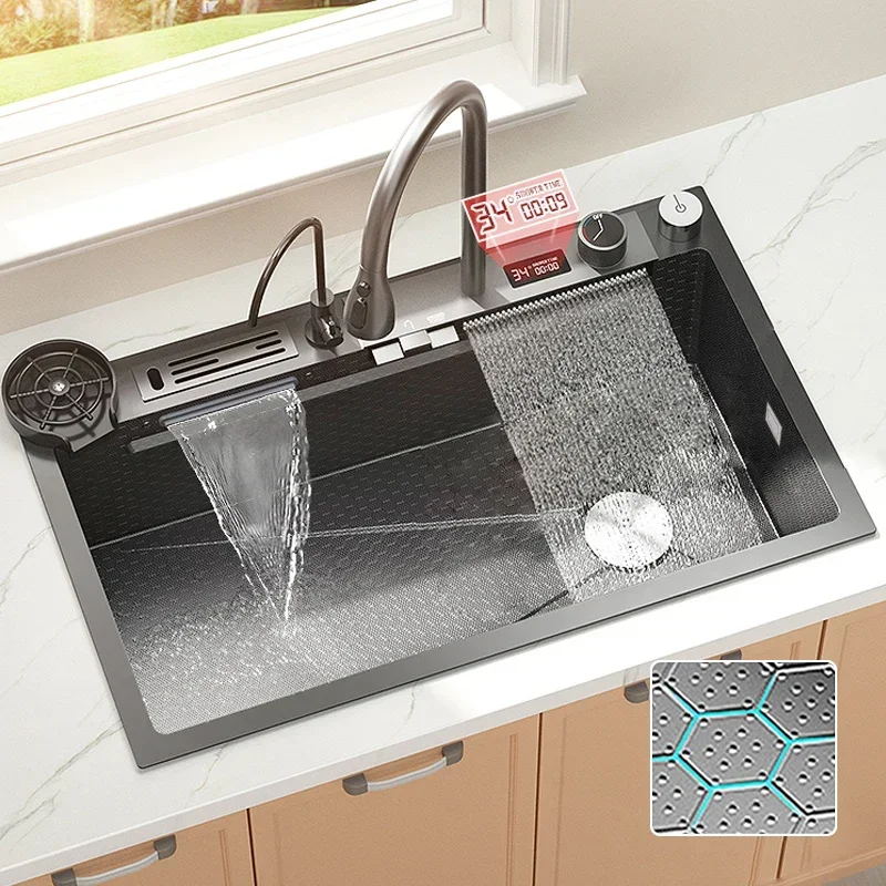 

Digital Display Waterfall Sink Embossed Stainless Steel Kitchen Sink Large Single Bowl Black Washbasin with faucet