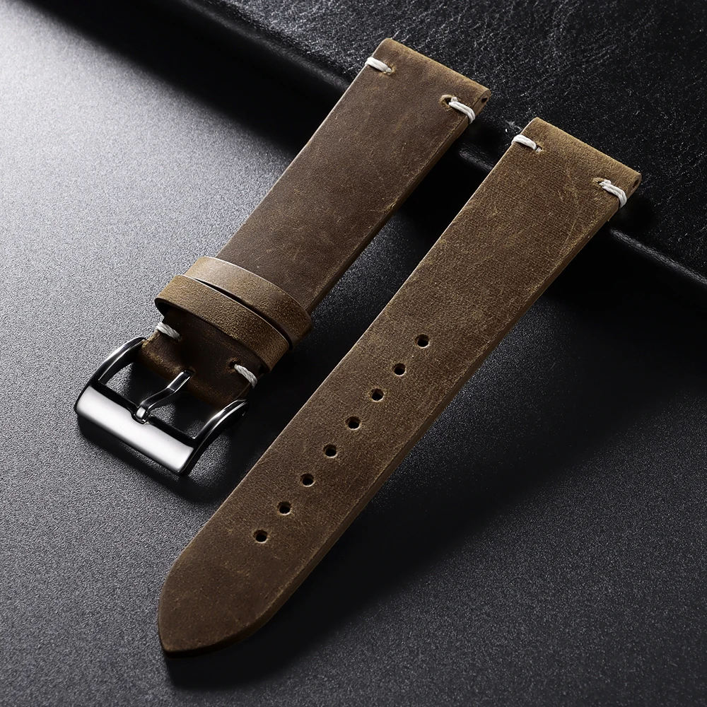 18mm 20mm 21mm 22mm Öl-Wachs-Leder-Uhrenarmband Braun Weiches Vintage-Armband für Herren Handgefertigtes Genähtes Rindslederband für Omega-Uhren – Detail 10
