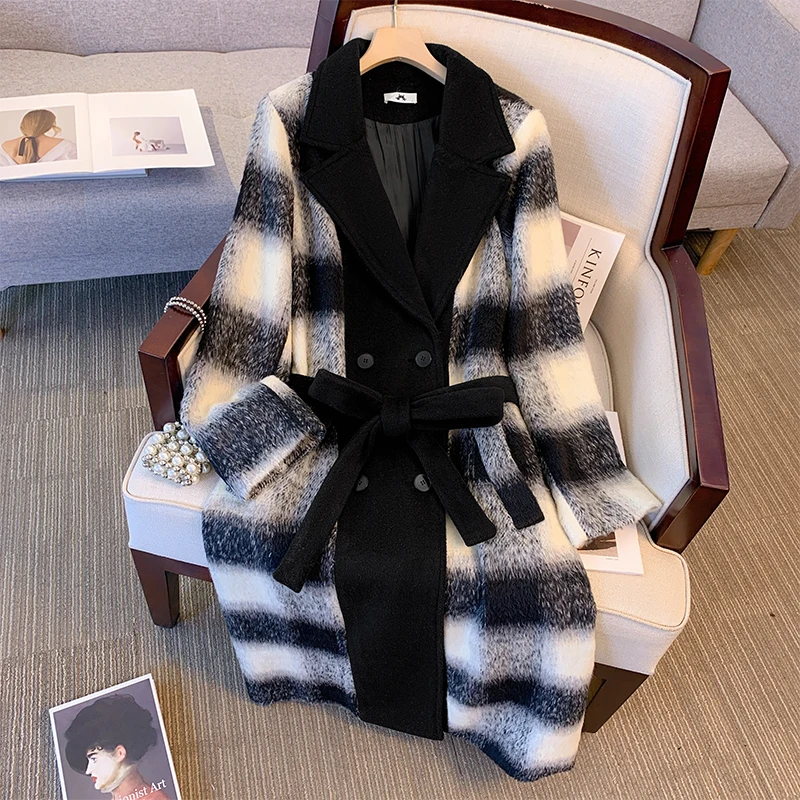 

Plus size women's winter thick warm long wool coat polyester black and white check fashion coat large pocket double breasted