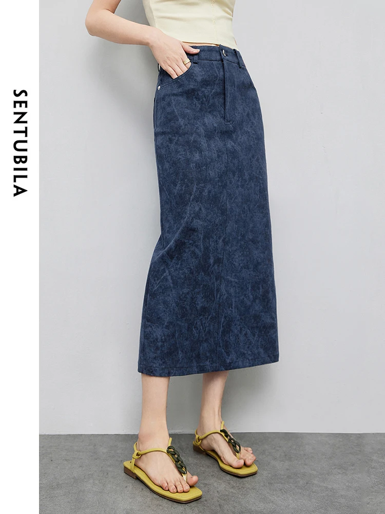 SENTUBILA Women Tie Dye Denim Skirt Female 2024 Summer Simple Commute Comfortable Cotton Blend Straight Midi Skirts 142Q54084