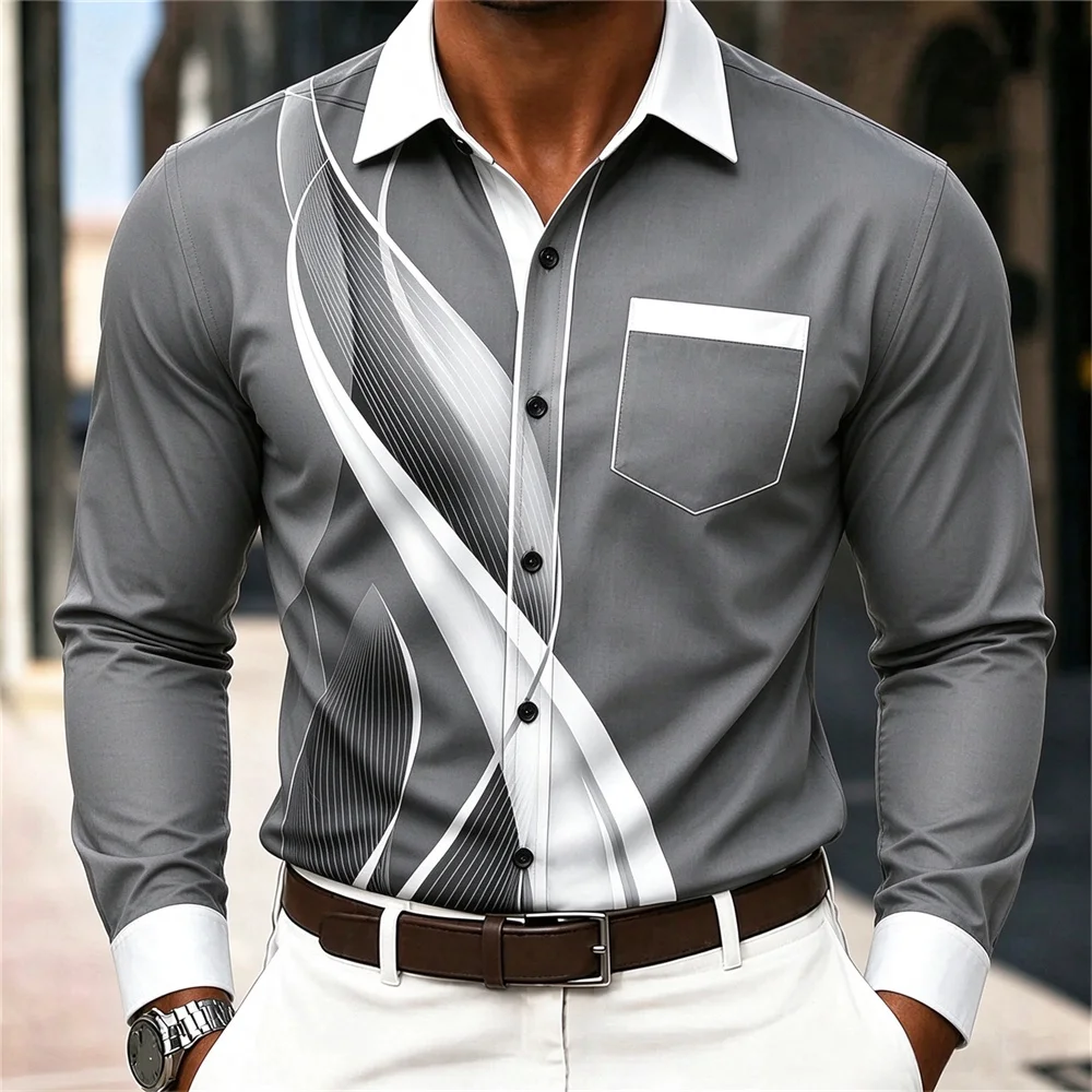 Men's Long Sleeve Shirt, White Collar Abstract Wave Print Button Down Shirt, Casual Slim Fit Dress Shirt With Chest Pocket, Male