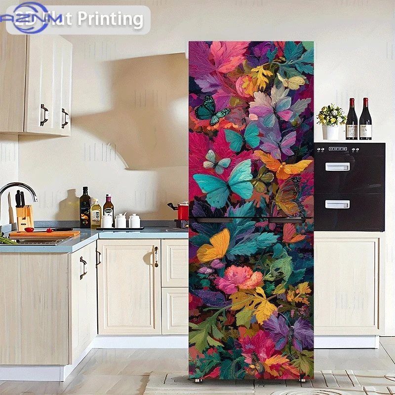 2D Flat Printing No 3D 1pc Refrigerator Sticker Colorful Butterflies Intertwined with Flowers and Leaves Themed Scene Wall Dec