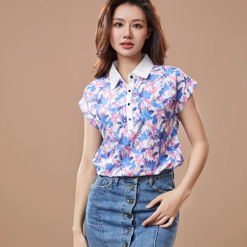 Women Spring Summer Style Blouses Shirt Lady Casual Short Sleeve Turn-down Collar Printed Casual Loose Tops