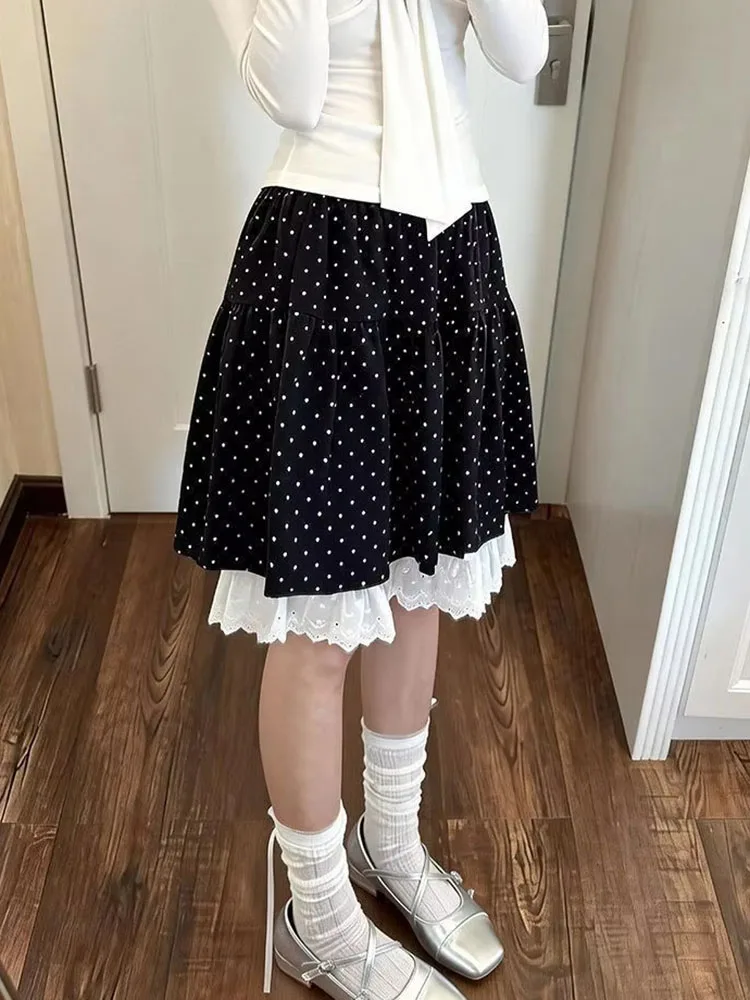 Skirts Women Stretch High Waist Summer Fashion Lace Patchwork Elegant Polka Dot Sweet Vintage Skirt Ladies Casual