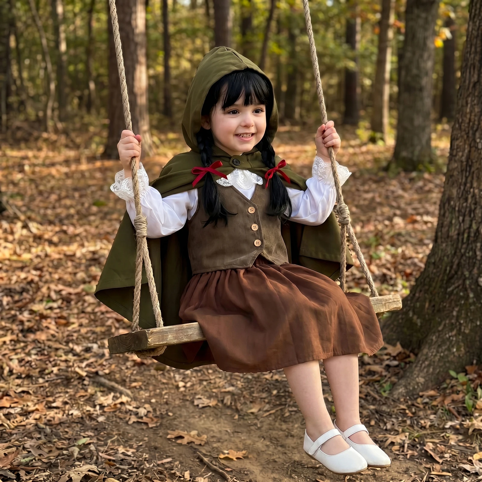 Toddler Girl Renaissance Outfit 4 Piece Set Green Hooded Cape Brown Vest and White Tops Skirt Halloween Medieval Costume view 6