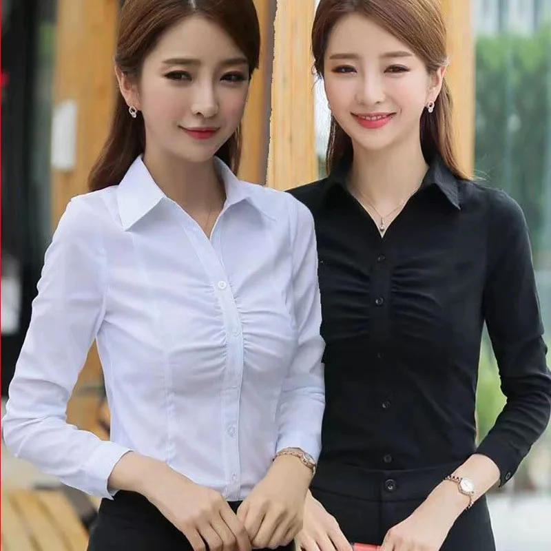 

2025 New Black White Blouse for Women All-match Casual Basic Long Sleeve Shirts Tops Korean Fashion Slim Fit Office Lady Shirt