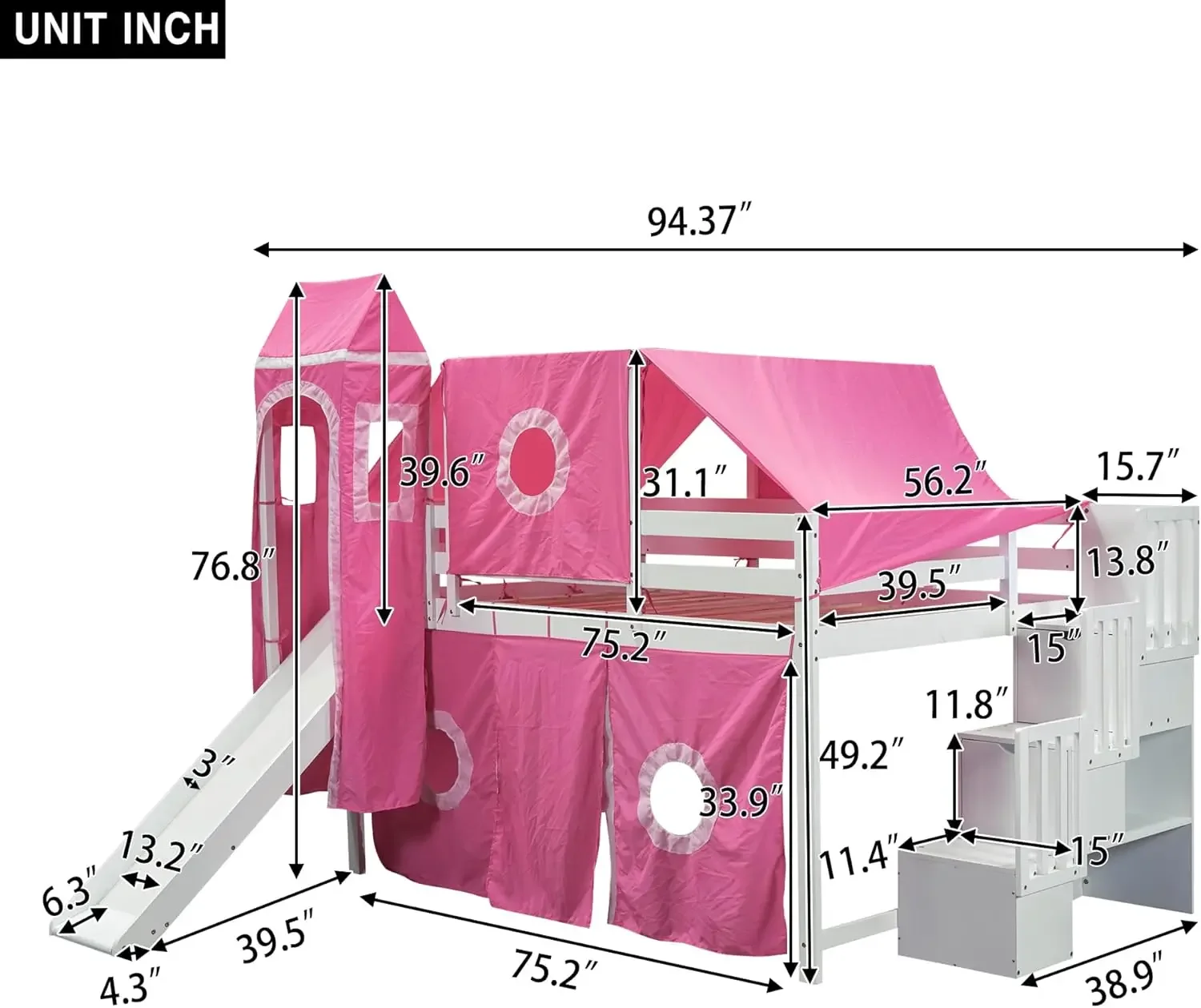 Harper & Bright Designs House Loft Bed avec toboggan et escalier de rangement, lit en bois pour enfants avec tente et tour, Playhouse Loft