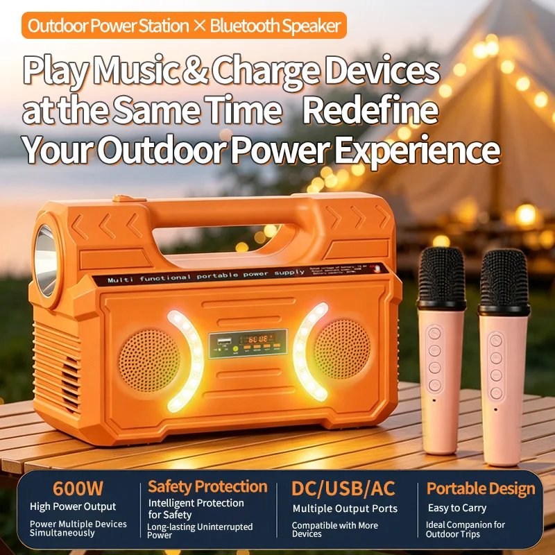 600W Portable Power Station with Bluetooth Speaker Flashlight 220V AC 600Wh 300Wh Camping Outdoor Emergency Backup