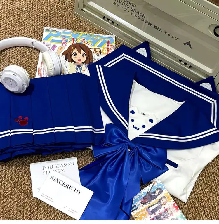 Uniforme JK de doble pecho de estilo japonés, traje de marinero dulce de estilo universitario, traje bordado con patrón de gatito, traje femenino de manga corta