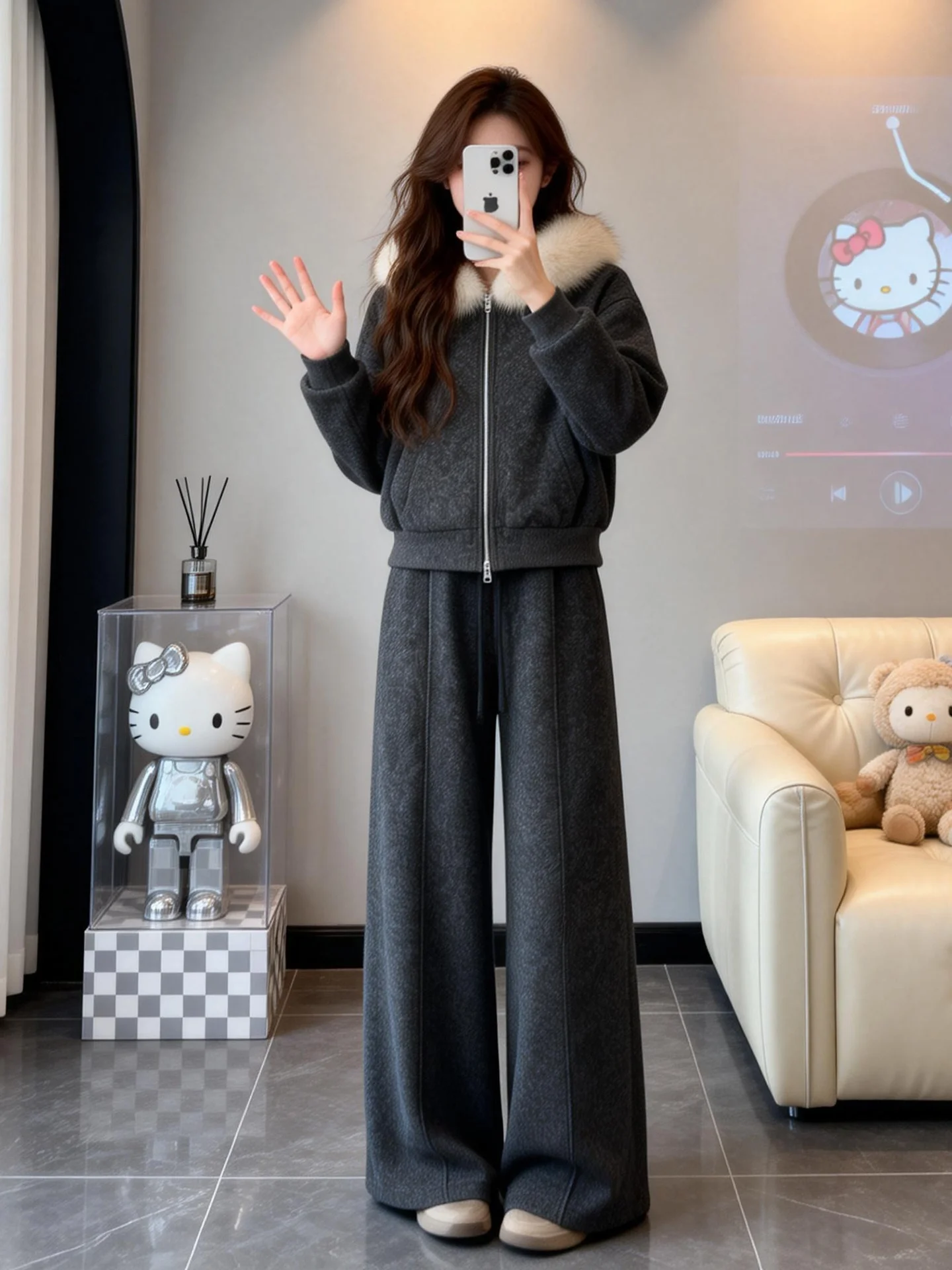 

Korean Lazy Style Hooded Sweatshirt Set Women Winter Double Zipper Top Coat Wide Leg Pants Two Piece Set Fashionable Casual O...