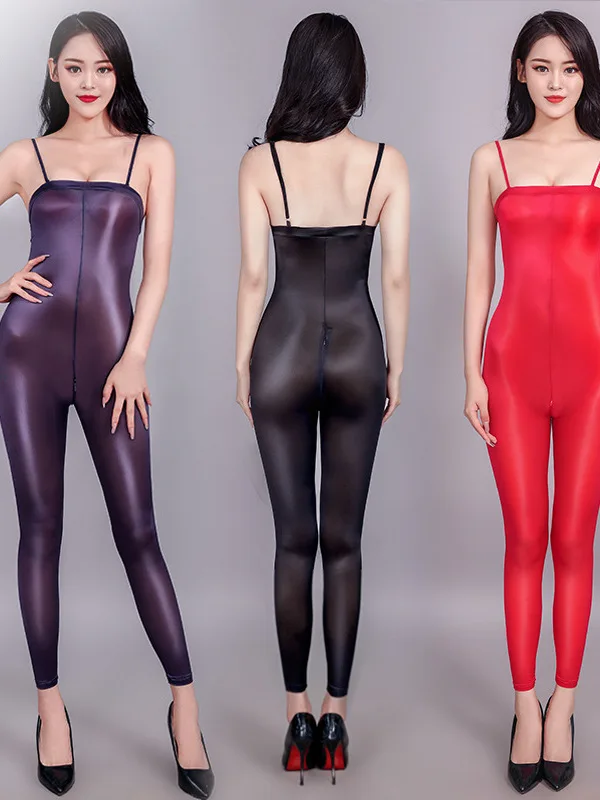 New Style Fashion Bold Passion Romantic Temptation Oil Shiny Sexy Charm Tight Sheer High Elastic Zipper Jumpsuits Women MFQM