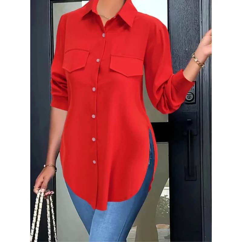 حجم كبير المرأة 1XL-5XL المرأة الخريف موضة بلون واحدة الصدر التلبيب سبليت قميص بأكمام طويلة