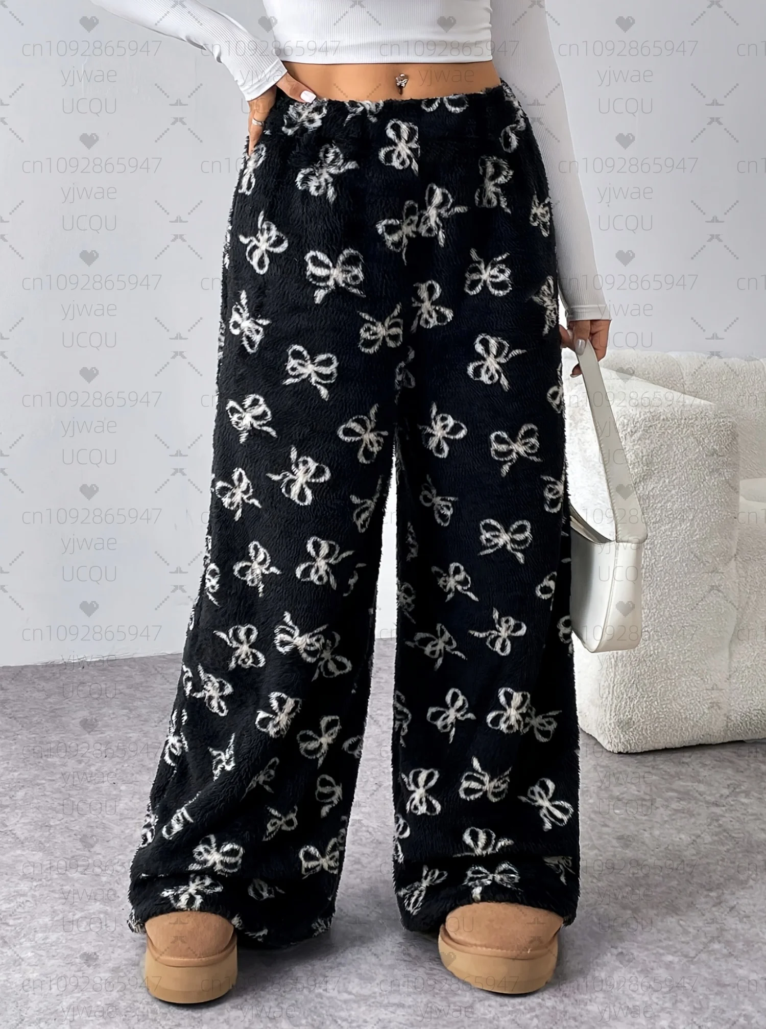 

2025 женские пижамные штаны, осенние белые свободные плюшевые брюки с бантом и принтом - свободные пижамные брюки с цветными блоками, женская одежда