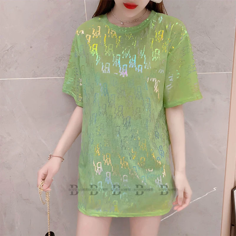 

2023 Streetwear Hipster Shiny Printing Loose Casual T-shirt Female Short Sleeve Fashion All-match Pullover Tops Women Trend Tee