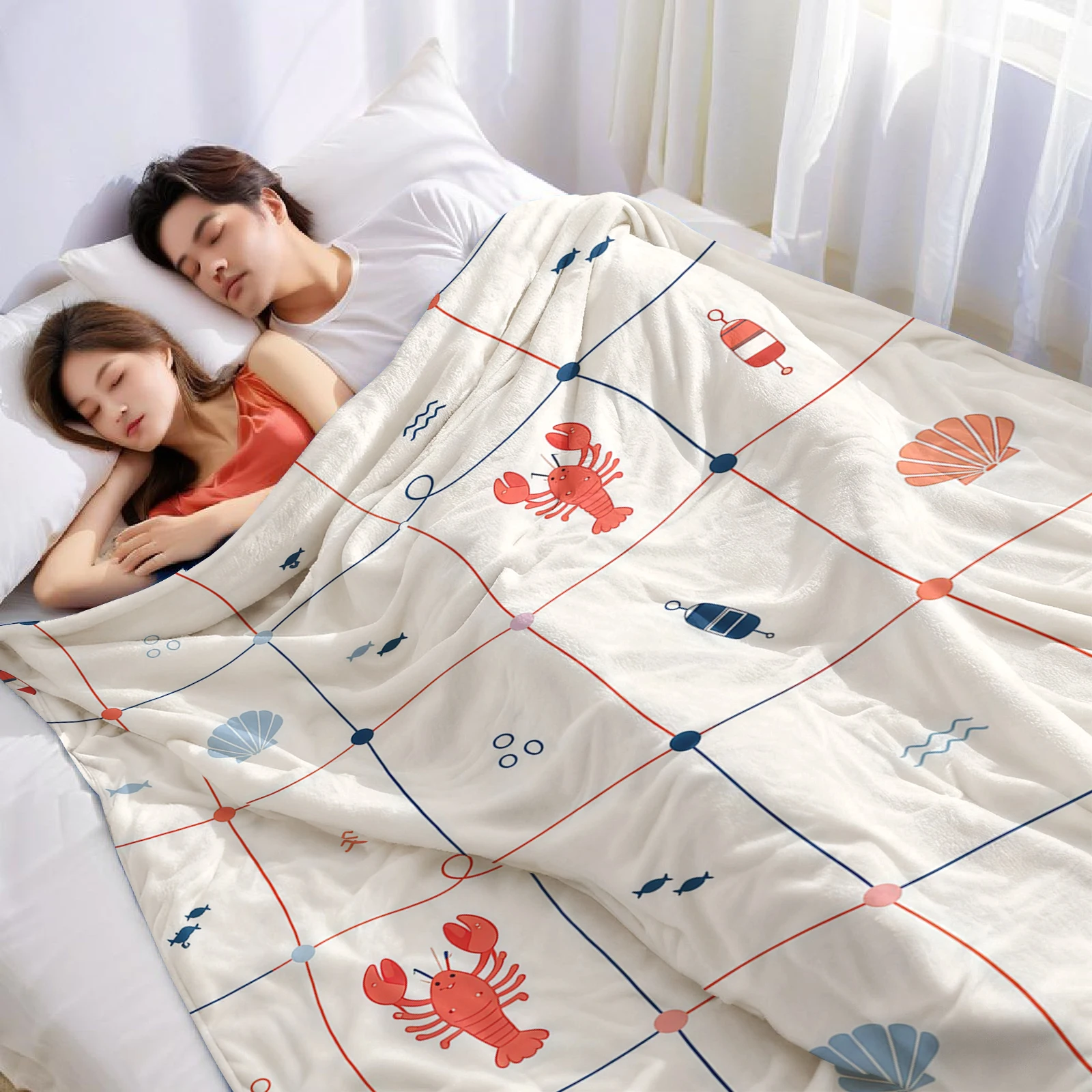 Lobster Fishing Net Cartoon Anime Print Flannel Blanket Soft Warm Throw for Kids Bedroom Sofa Bed Christmas Office Car