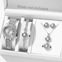 6pcs Luxury Watch Women Ring Necklace Earrings Bracelet Set Watches Silver Leather Strap Ladies Quartz WristWatch No Box